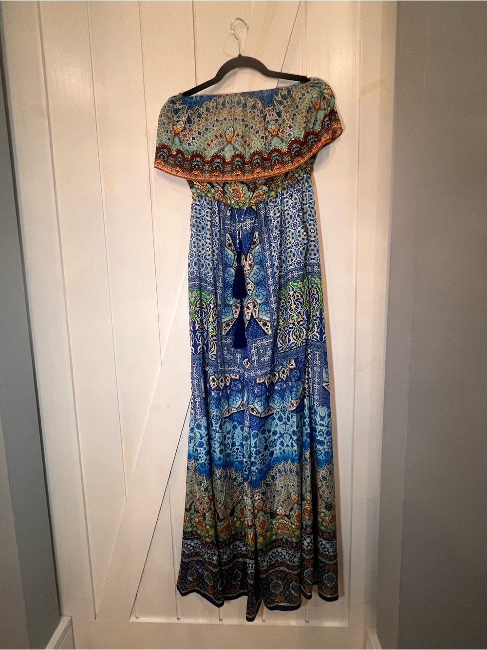 Bohemian Blue Printed Strapless Jumpsuit with Tassel Tie